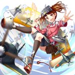  a6m_zero aircraft airplane brown_eyes brown_hair flat_chest full_body japanese_clothes kantai_collection kariginu magatama onmyouji open_mouth pensuke remodel_(kantai_collection) ryuujou_(kantai_collection) scroll shikigami smile solo twintails visor_cap 