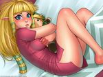  1girl barefoot bed blanket blonde_hair blue_eyes blush bottomless doll feet hime_cut hug knees_together link looking_at_viewer lying nintendo no_pants on_side pointy_ears princess_zelda ronindude skyward_sword solo the_legend_of_zelda the_legend_of_zelda:_skyward_sword 