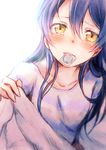  bangs bed_sheet black_hair blanket blue_hair blush collarbone condom condom_in_mouth hair_between_eyes highres love_live! love_live!_school_idol_project mouth_hold shirt solo sonoda_umi suito tears yellow_eyes 
