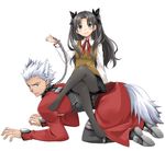  1girl all_fours animal_ears aqua_eyes archer black_hair black_legwear chain collar convenient_leg crossed_legs dog_ears dog_tail fate/stay_night fate_(series) homurahara_academy_uniform human_chair human_furniture leash long_hair looking_at_viewer pantyhose school_uniform short_hair simple_background sitting sitting_on_person smile tail tamaoka_kagari toosaka_rin twintails white_background white_hair 