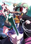  3girls bike_shorts black_hair blonde_hair brown_hair byakuya_(under_night_in-birth) french-bread green_eyes green_hair headphones hyde_(under_night_in-birth) katana light_green_hair linne multicolored_hair multiple_boys multiple_girls nanase_(under_night_in-birth) official_art phonon_(under_night_in-birth) purple_eyes red_eyes reverse_grip short_hair silver_hair sword two-tone_hair under_night_in-birth under_night_in-birth_exe:late[st] weapon whip yoshihara_seiichi 