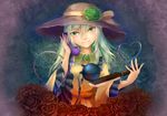  bad_id bad_pixiv_id bow eyeball floral_background flower frilled_sleeves frills green_eyes green_hair hat hat_ribbon heart heart_of_string knife komeiji_koishi looking_at_viewer phone ribbon rose skirt smile solo third_eye touhou upper_body wide_sleeves yuren 