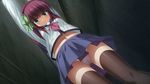  angel_beats! arms_up bdsm blush bondage bound bow game_cg green_eyes headband looking_at_viewer na-ga navel panties pantyshot purple_hair school_uniform serafuku shinda_sekai_sensen_uniform skirt solo thighhighs underwear upskirt white_panties yuri_(angel_beats!) 