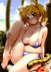  absurdres animal_ears barefoot beach bikini blonde_hair blue_bikini blue_eyes blush breasts cleavage day flower hibiscus highres large_breasts leg_up looking_at_viewer navel nose_blush scan short_hair side-tie_bikini skindentation smile solo swimsuit tail tiger_ears tiger_tail toranoana twintails zanzi 