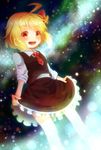  :d blonde_hair frilled_skirt frills hair_ribbon highres nebula open_mouth red_eyes ribbon rumia sakuyabm shirt skirt sky sleeves_rolled_up smile solo star_(sky) starry_sky touhou vest 