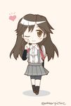  ;) arashio_(kantai_collection) arm_warmers backpack bag bike_shorts brown_eyes brown_hair chibi heart highres kantai_collection kneehighs long_hair looking_at_viewer mae_(maesanpicture) one_eye_closed pleated_skirt school_uniform shoes skirt smile solo suspenders twitter_username 