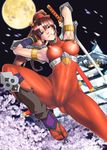  1girl absurdres arikawa armpits arms_up bodysuit breasts brown_eyes brown_hair castle censored erect_nipples feet female fighting_stance highres large_breasts legs long_hair looking_at_viewer moon mosaic_censoring night ponytail pussy sandals see-through sky smile solo soul_calibur spread_legs sword taki_(soulcalibur) thighs weapon 