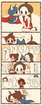  1girl ahoge blush braid brown_hair cape cat chiyoko_(oman1229) comic fuyunyan highres long_hair red_cape scar short_hair sweat translation_request twin_braids youkai youkai_watch youkai_watch_2 