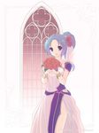  2013 :d artist_name blue_eyes blue_hair bouquet dated dress estpolis_denki estpolis_denki_ii flower frame hair_flower hair_ornament high_ponytail holding kuricoronet open_mouth red_flower red_rose rose see-through selan side_slit smile solo white_dress window 