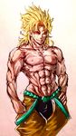  abs blonde_hair cowboy_shot deluxe&lt;&lt;&lt; dio_brando glowing glowing_eyes hand_on_hip highres jojo_no_kimyou_na_bouken long_hair male_focus muscle red_eyes shirtless smile solo 