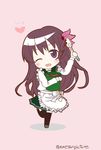  ;d apron bucket chibi chocolate hair_ornament heart highres kantai_collection kisaragi_(kantai_collection) long_hair looking_at_viewer mae_(maesanpicture) one_eye_closed open_mouth pleated_skirt red_eyes red_hair school_uniform serafuku shoes skirt smile solo spatula thighhighs twitter_username valentine 