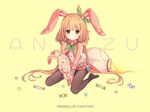  :t animal_ears bare_shoulders between_legs black_legwear brown_eyes brown_hair bunny_ears candy character_name fake_animal_ears food futaba_anzu granblue_fantasy hair_ornament holding idolmaster idolmaster_cinderella_girls long_hair looking_at_viewer no_shoes pantyhose pout sitting sleeveless solo twintails very_long_hair wariza yashiro_seika yellow_background 