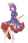  ambiguous_red_liquid animal_ears blue_hair bracelet bunny_ears crescent dress jewelry jubctybn kine looking_at_viewer open_mouth puffy_short_sleeves puffy_sleeves red_eyes seiran_(touhou) shoes short_sleeves socks solo stain star touhou white_background 