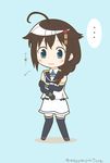  ahoge blue_eyes boots braid chibi cosplay elbow_gloves gloves hair_flaps hair_ornament hair_over_shoulder hair_ribbon highres kantai_collection mae_(maesanpicture) remodel_(kantai_collection) ribbon sailor_collar samidare_(kantai_collection) samidare_(kantai_collection)_(cosplay) shigure_(kantai_collection) single_braid solo thigh_boots thighhighs translated twitter_username 