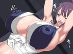  1girl armpits arms_up blush breasts brown_eyes erect_nipples female huge_breasts no_bra open_mouth purple_hair solo steelxxxhotogi tetsu_(suchiiru_mania) tied tied_up wink 