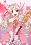  boots elbow_gloves fate/kaleid_liner_prisma_illya fate_(series) feathers gloves hair_feathers highres holding holding_wand illyasviel_von_einzbern kaleidostick long_hair magical_girl pink_footwear prisma_illya red_eyes solo thighhighs wand white_hair ycco_(estrella) 