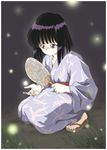  bishoujo_senshi_sailor_moon black_hair bug fan firefly full_body geta grass grey_background hino_ryutaro insect japanese_clothes kimono object_namesake paper_fan purple_eyes sandals short_hair smile solo squatting toes tomoe_hotaru uchiwa yukata 