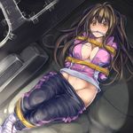  bdsm bondage bound breasts brown_eyes brown_hair cleave_gag cloth_gag gag gagged idolmaster idolmaster_cinderella_girls improvised_gag jacket large_breasts long_hair monikano open_clothes open_jacket pants_pull shimamura_uzuki solo tape tape_bondage 