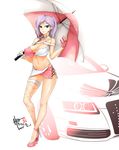  absurdres audi audi_a6 blue_eyes breasts caooll car ground_vehicle highres huge_breasts looking_at_viewer motor_vehicle original ponytail purple_hair race_queen smile solo umbrella 