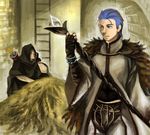  2boys arrow blue_eyes blue_hair cosplay crossover dragon&#039;s_dogma dragon's_dogma fur_cape gloves gundam gundam_lost_war_chronicles hay haystack hood ken_bederstadt ladder matt_healy multiple_boys quiver redelta scar staff weapon 