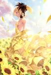  ayase_eli backless_dress backless_outfit blonde_hair blue_eyes breasts dress earrings elbow_gloves flower gloves hair_ornament highres jewelry long_hair love_live! love_live!_school_idol_project medium_breasts ponytail sideboob smile solo sunflower yellow_dress yellow_gloves yomi_yasou 