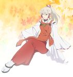  absurdres akou_(phoenix777) highres inari_konkon_koi_iroha. japanese_clothes miko ponytail ribbon-trimmed_sleeves ribbon_trim solo uka-no-mitama-no-kami_(inakon) white_hair 