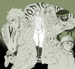  child diego_brando dinosaur hat jojo_no_kimyou_na_bouken military military_uniform monochrome multiple_persona older scary_monsters_(stand) sokka_(kbs) stand_(jojo) steel_ball_run sunglasses uniform younger 