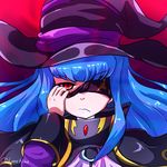  blue_hair cloak expressionless face hat long_hair looking_at_viewer mask ole_tower red_eyes solo spanner_(ole_tower) witch_hat 