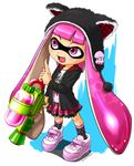  2015 :d animal_hat artist_name blooper blush cat_hat clothes_writing copyright_name dated domino_mask hat holding hood hoodie inkling long_hair mario_(series) mask open_mouth pink_eyes pink_hair pink_skirt pointing pointing_up shirt shoes skirt smile sneakers socks solo splatoon_(series) splatoon_1 splattershot_(splatoon) standing super_mario_bros. super_soaker tanukino tentacle_hair very_long_hair 