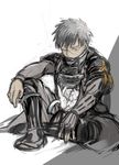  armor doudanuki_masakuni grey_hair ieiieiiei male_focus scar sitting sketch solo touken_ranbu white_background 