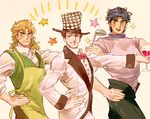  adachi_(ioioi) apron black_hair blonde_hair cup drinking_glass facial_hair hat jojo_no_kimyou_na_bouken jonathan_joestar ladle male_focus multiple_boys mustache phantom_blood robert_eo_speedwagon top_hat will_anthonio_zeppeli wine_glass 