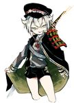  armor cape cropped_legs green_eyes hair_flaps hat hotarumaru ieiieiiei japanese_armor looking_at_viewer male_focus ootachi open_mouth sheath sheathed shorts shoulder_armor simple_background sode solo touken_ranbu white_background 