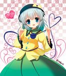  1girl blush bow checkered checkered_background hat hat_bow heart heart_of_string komeiji_koishi open_mouth sash solo third_eye touhou wide_sleeves 