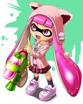  2015 :d animal_hat artist_name blooper blush cat_hat clothes_writing copyright_name dated domino_mask hat holding hood hoodie inkling long_hair mario_(series) mask open_mouth pink_eyes pink_hair pink_skirt pointing pointing_up shirt shoes skirt smile sneakers socks solo splatoon_(series) splatoon_1 splattershot_(splatoon) standing super_mario_bros. super_soaker tanukino tentacle_hair very_long_hair 