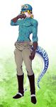  blonde_hair boots diego_brando hat highres jojo_no_kimyou_na_bouken male_focus scary_monsters_(stand) sokka_(kbs) solo spurs stand_(jojo) steel_ball_run sweater tail 