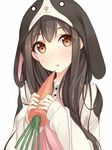  akagi_(kantai_collection) alternate_costume animal_ears animal_hood brown_eyes bunny_ears carrot hiiragi_hajime holding hood kantai_collection looking_at_viewer open_mouth revision solo underwear upper_body 