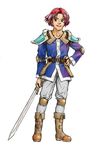  armor artist_request belt boots brown_footwear estpolis_denki estpolis_denki:_yomigaeru_densetsu full_body hand_on_hip knee_pads male_focus official_art open_mouth pants red_eyes red_hair shoulder_pads smile solo standing sword wain weapon white_background white_pants 