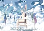  bad_id bad_pixiv_id chair cloud dress grass hatsune_miku highres landscape long_hair pinwheel sitting solo throtem vocaloid windmill 