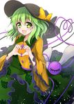  bow floral_print green_eyes green_hair hat hat_bow heart heart_hands heart_of_string highres komeiji_koishi long_sleeves open_mouth shirt skirt smile solo third_eye touhou wide_sleeves ymd_(holudoun) 