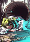  berabou blurry blush bucket green_eyes green_hair hair_bobbles hair_ornament highres japanese_clothes kimono kisume long_sleeves looking_at_viewer lying on_ground on_stomach rope solo touhou twintails wide_sleeves wooden_bucket yukata 