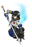  black_hair bloodstained:_ritual_of_the_night blue_eyes brown_hair concept_art detached_sleeves gauntlets gradient_hair hair_between_eyes hair_ornament looking_at_viewer miriam_(bloodstained) multicolored_hair natsume_yuji no_legs official_art pale_skin short_hair smile solo stained_glass sword weapon 