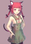  :d adapted_costume animal_ears bare_arms bare_shoulders black_bow bow braid breasts cat_ears cat_tail collarbone cowboy_shot culter detached_collar dress extra_ears eyelashes green_dress hair_ribbon kaenbyou_rin multiple_tails no_bra open_mouth pleated_dress purple_background red_eyes red_hair red_ribbon ribbon sailor_collar sideboob signature simple_background small_breasts smile solo tail touhou twin_braids twitter_username 