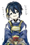  black_gloves blue_hair gloves ieiieiiei japanese_clothes long_sleeves looking_at_viewer male_focus mikazuki_munechika open_mouth simple_background solo touken_ranbu translated white_background younger 