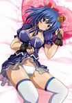  bashoku_youjou bed blue_hair blush boots breasts cleavage female hair_ribbon ikkitousen large_breasts legs looking_at_viewer lying navel on_back panties pillow princess purple_eyes ribbon short_twintails smile solo twintails underwear 