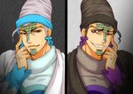  bad_id bad_pixiv_id black_hair crazy_eyes dual_persona earrings gradient hand_on_own_face headband jewelry jojo_no_kimyou_na_bouken male_focus multiple_boys palette_swap red_eyes split_screen tanakaoften terence_trent_d'arby turtleneck white_hair 