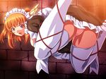  1girl bdsm bondage bound brown_hair dress game_cg long_hair looking_at_viewer maid maid_headdress orange_hair panties princess_saga princess_saga_v purple_eyes solo spread_legs suspension thighhighs tied tied_up underwear white_legwear 