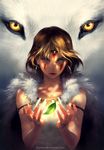  animal bare_arms brown_hair circlet earrings facepaint facial_mark fur green_eyes highres jewelry leaf lips looking_at_viewer mononoke_hime oversized_animal san short_hair solo upper_body watermark web_address wenqing_yan wolf 