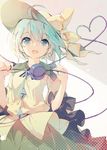  bad_id bad_twitter_id blue_eyes eyeball frills green_hair hat hat_ribbon heart heart_of_string highres komeiji_koishi long_sleeves looking_at_viewer open_mouth ribbon shirt short_hair skirt smile solo string tecoyuke third_eye touhou wide_sleeves 