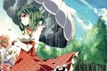  adapted_costume aioi_aoi blue_sky breasts bright_pupils cloud cloudy_sky day dress flower forest green_hair juliet_sleeves kazami_yuuka long_sleeves looking_at_viewer medium_breasts nature parasol puffy_sleeves rain red_dress red_eyes shirt sky solo touhou umbrella white_pupils 