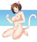  :3 :d animal_ears bad_id bad_pixiv_id barefoot breasts brown_hair cat_ears cat_tail fang full_body gradient gradient_background green_eyes groin highres idolmaster idolmaster_cinderella_girls large_breasts maekawa_miku muramura nipples nude open_mouth short_hair simple_background sitting smile solo tail thighs wariza 